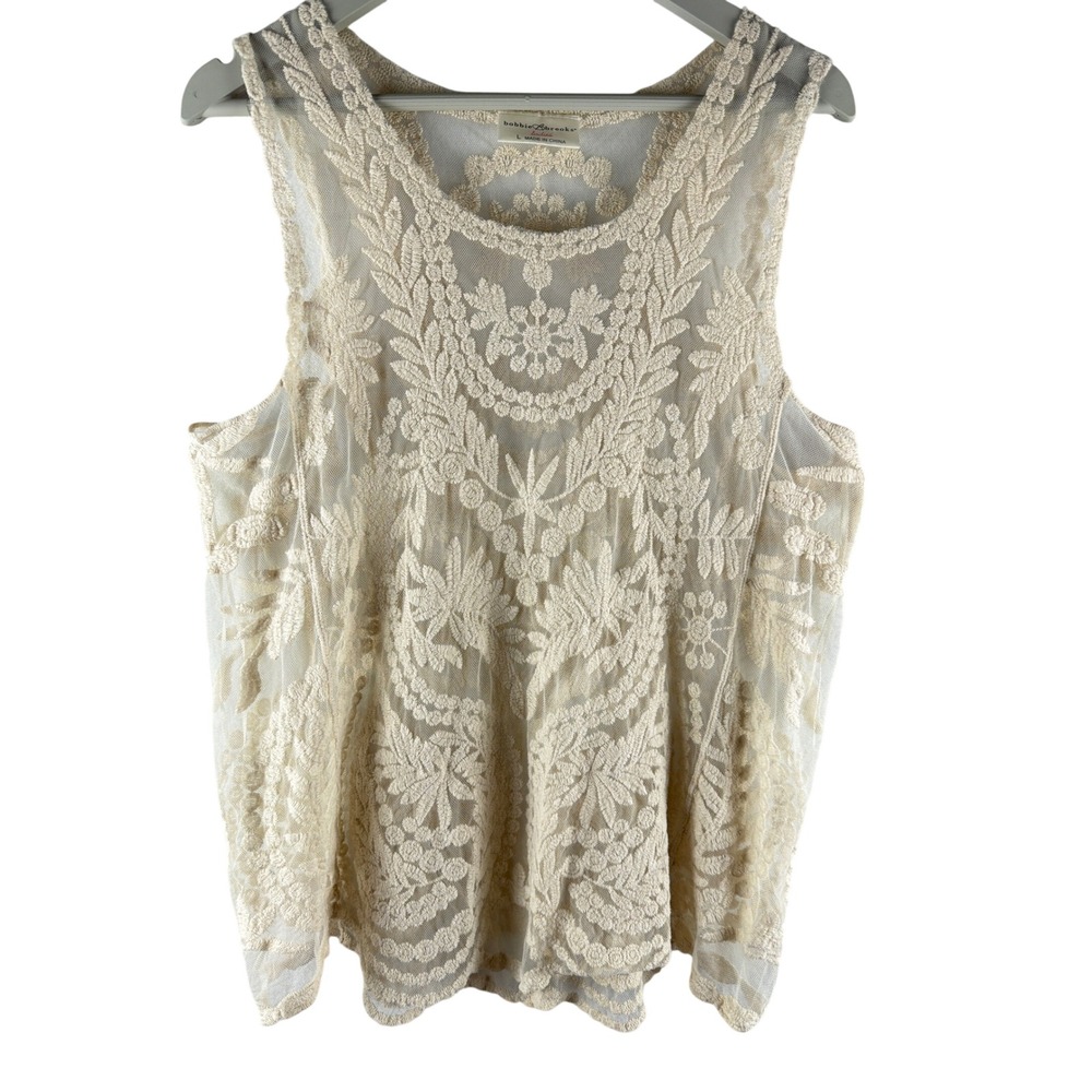 Bobbie Brooks Ivory Lace Tank Top Floral Embroidered Mesh Sleeveless Cream Sz L